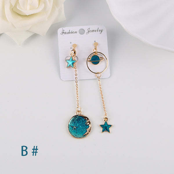 Korea Style Asymmetrical Fresh Enamel blue Star Moon Planet Circle Clip on Earrings Non Pierced For Girl Women Party Gift