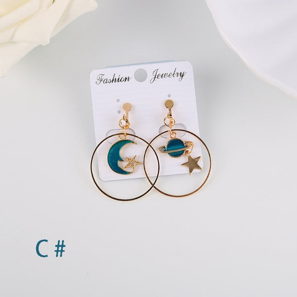 Korea Style Asymmetrical Fresh Enamel blue Star Moon Planet Circle Clip on Earrings Non Pierced For Girl Women Party Gift