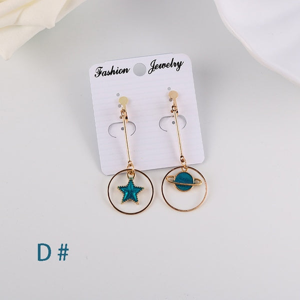 Korea Style Asymmetrical Fresh Enamel blue Star Moon Planet Circle Clip on Earrings Non Pierced For Girl Women Party Gift