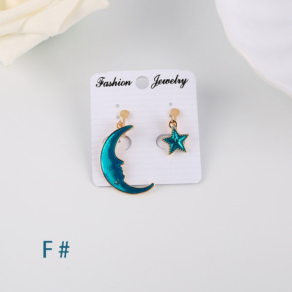 Korea Style Asymmetrical Fresh Enamel blue Star Moon Planet Circle Clip on Earrings Non Pierced For Girl Women Party Gift
