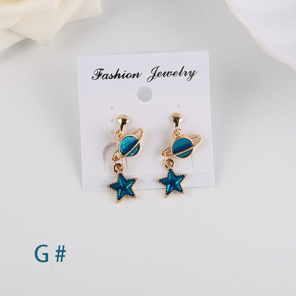 Korea Style Asymmetrical Fresh Enamel blue Star Moon Planet Circle Clip on Earrings Non Pierced For Girl Women Party Gift
