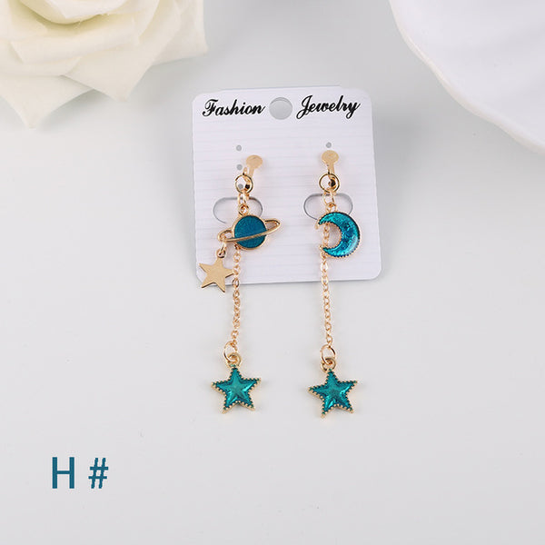 Korea Style Asymmetrical Fresh Enamel blue Star Moon Planet Circle Clip on Earrings Non Pierced For Girl Women Party Gift