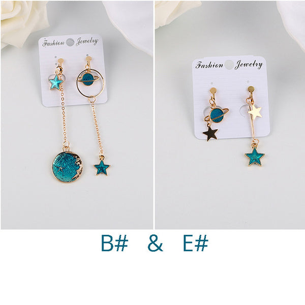 Korea Style Asymmetrical Fresh Enamel blue Star Moon Planet Circle Clip on Earrings Non Pierced For Girl Women Party Gift