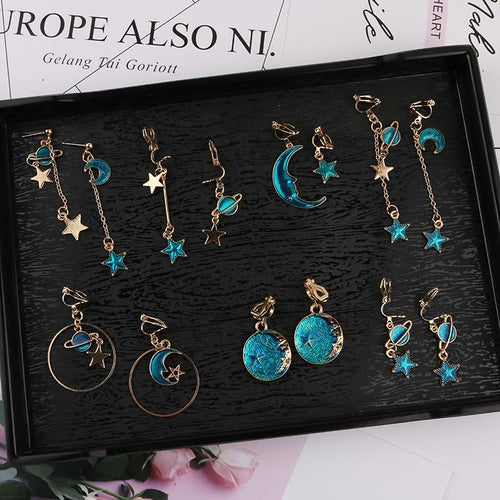 Korea Style Asymmetrical Fresh Enamel blue Star Moon Planet  Circle Clip on Earrings Non Pierced For Girl Women Party Gift